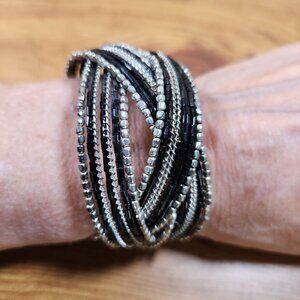 Vintage Black & Silver Bohemian Beaded Cuff Bracelet